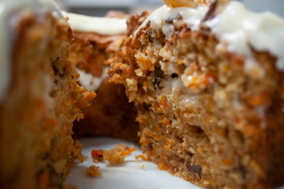 This is a homebaked carrot cake made for a photographt class.